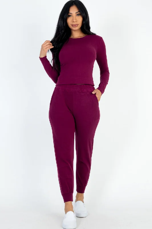 Textured Sweatshirt & Joggers Ensemble Hoodie with Hem Detail Decorative Unique