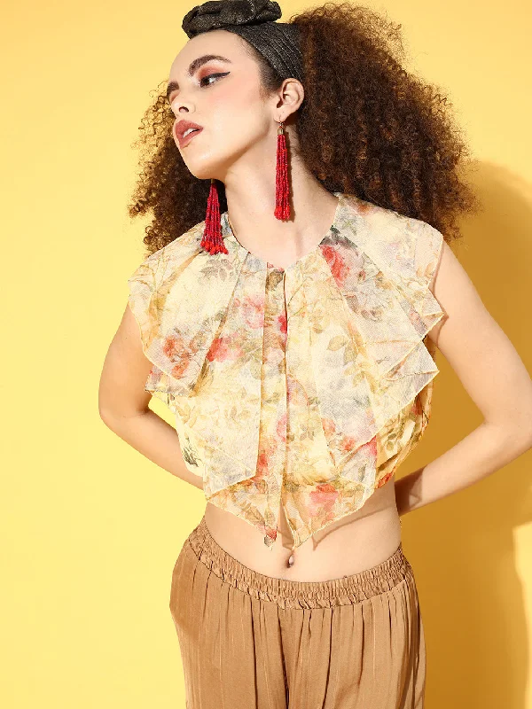 Women Beige Floral Mesh Layered Crop Top Zippered Front Buttoned Front Snap Front