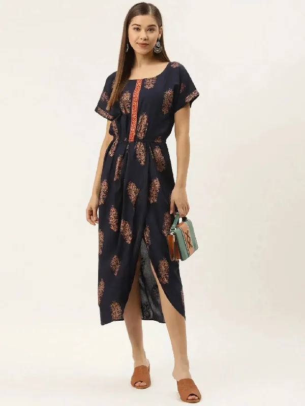 Gold Block Print Front Pleated side cowl dress in Navy Tunics Ceremony elegant