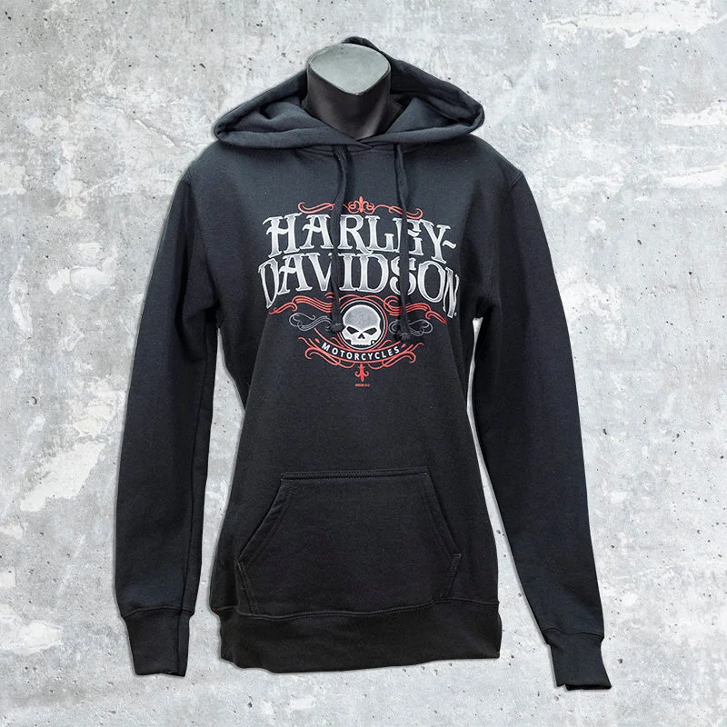 Wildfire Harley Davidson-Women's Pull Over Hoodie with Accented Skull Hoodie Dress Longline Feminine
