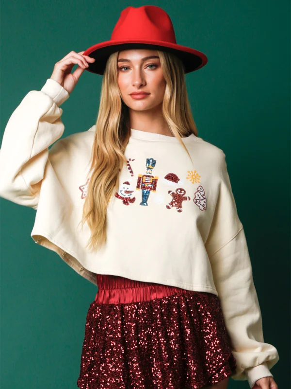 Christmas Sequin Decoration Top Casual Long Sleeve Short Sweatshirt Hoodie with Raglan Sleeves Sporty Comfortable