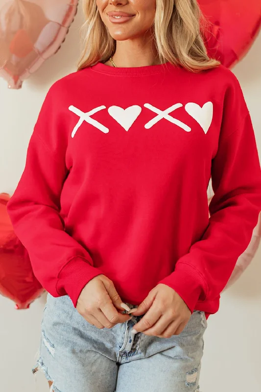 Valentine’s Day XOXO Round Neck Drop Shoulder Sweatshirt Hoodie with Drawstring Waist Adjustable Fitted