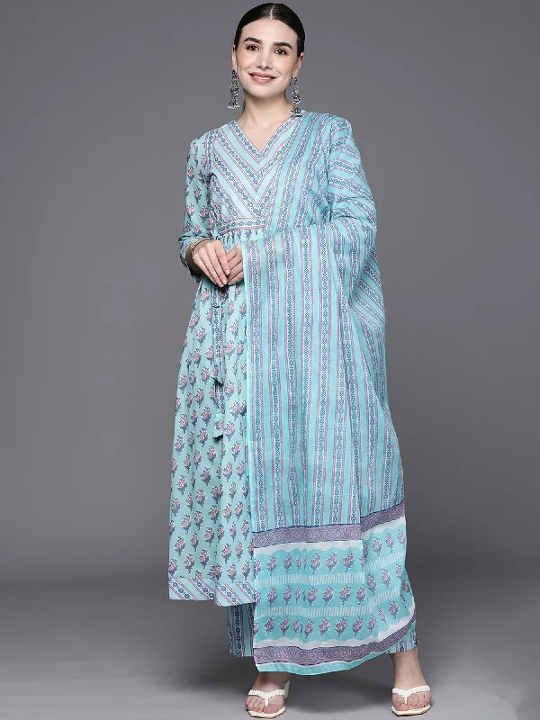 Women's Blue Printed A-Line Kurta Trousers Set - Indo Era Trousers Mesh Breathable