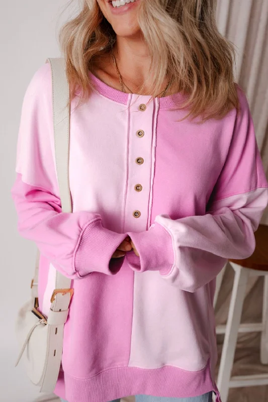 Jessica Color Block Half Button Long Sleeve Sweatshirt Hoodie with Tied Waist Feminine Flattering