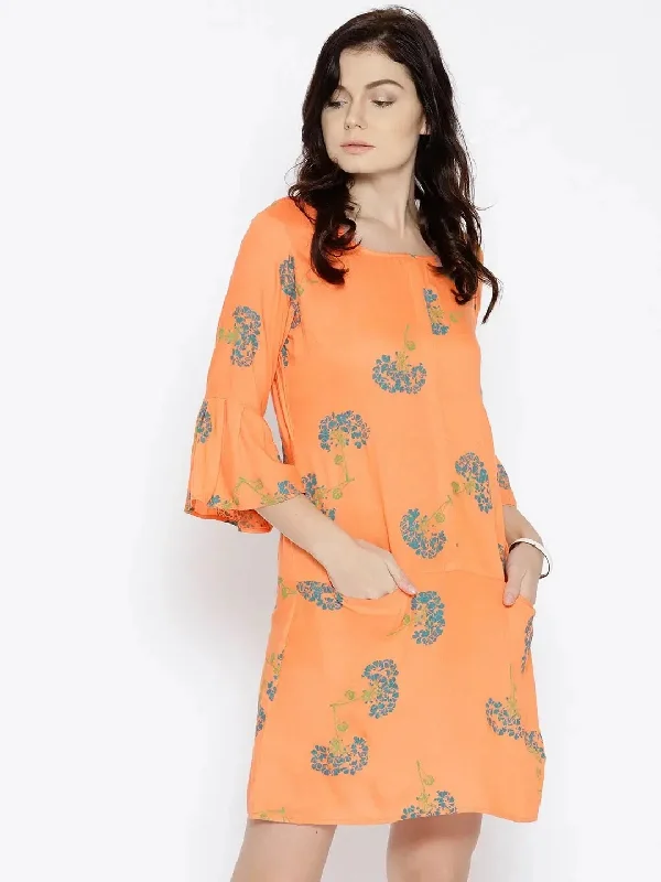 Bell sleeve Printed dress with front pockets in Peach Tunics Leisure comfortable
