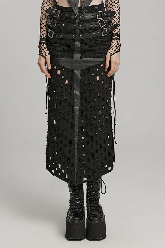 Black Hollow Cross-Taped Stitching Lace-Up Ripped Women's Steampunk Skirt relaxed fit skirt Black Hollow Cross-Taped Stitching Lace-Up Ripped Women's Steampunk Skirt relaxed fit skirt
