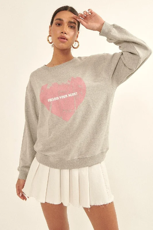 Vintage-style Heart Graphic Print French Terry Knit Sweatshirt Hoodie with Hem Fringe Bohemian Relaxed