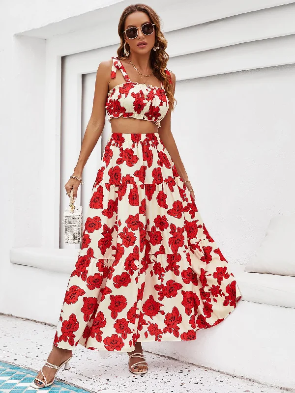 Floral Tie Shoulder Top and Tiered Maxi Skirt Set lace skirt romantic