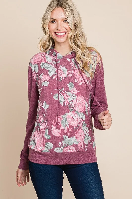 Floral Printed Contrast Hoodie With Relaxed Fit And Cuff Detail Hoodie with Lace Feminine Delicate