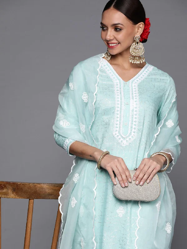 Women's Blue Foil Printed Straight Kurta Trouser With Dupatta Set - Indo Era Trousers trendy modern Women's Blue Foil Printed Straight Kurta Trouser With Dupatta Set - Indo Era Trousers trendy modern