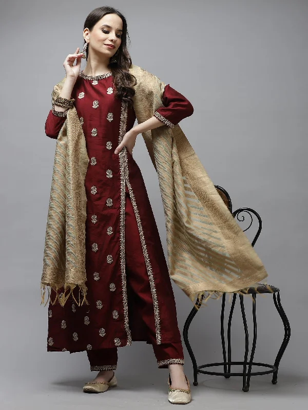 Women's Maroon Embroidered Straight Kurta Trouser With Dupatta Set - Indo Era Trousers Print Floral Women's Maroon Embroidered Straight Kurta Trouser With Dupatta Set - Indo Era Trousers Print Floral