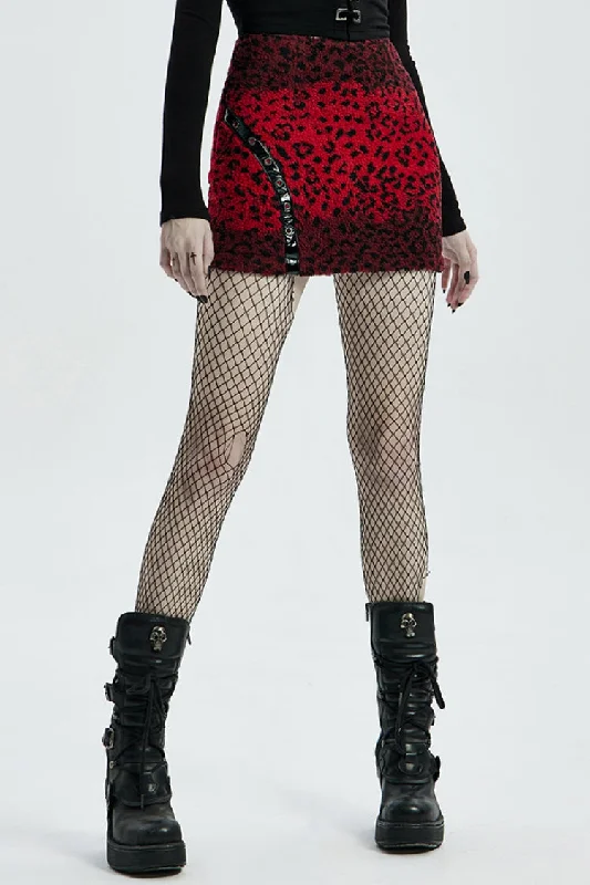 Red Leopard Print Leather Strap Decoration Women's Steampunk Mini Skirt wool skirt warm Red Leopard Print Leather Strap Decoration Women's Steampunk Mini Skirt wool skirt warm