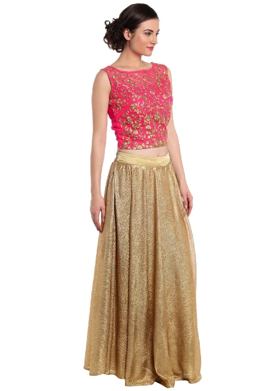 Rani pink crop top blouse in rani pink with gold shimmer skirt Asymmetrical Pockets Print