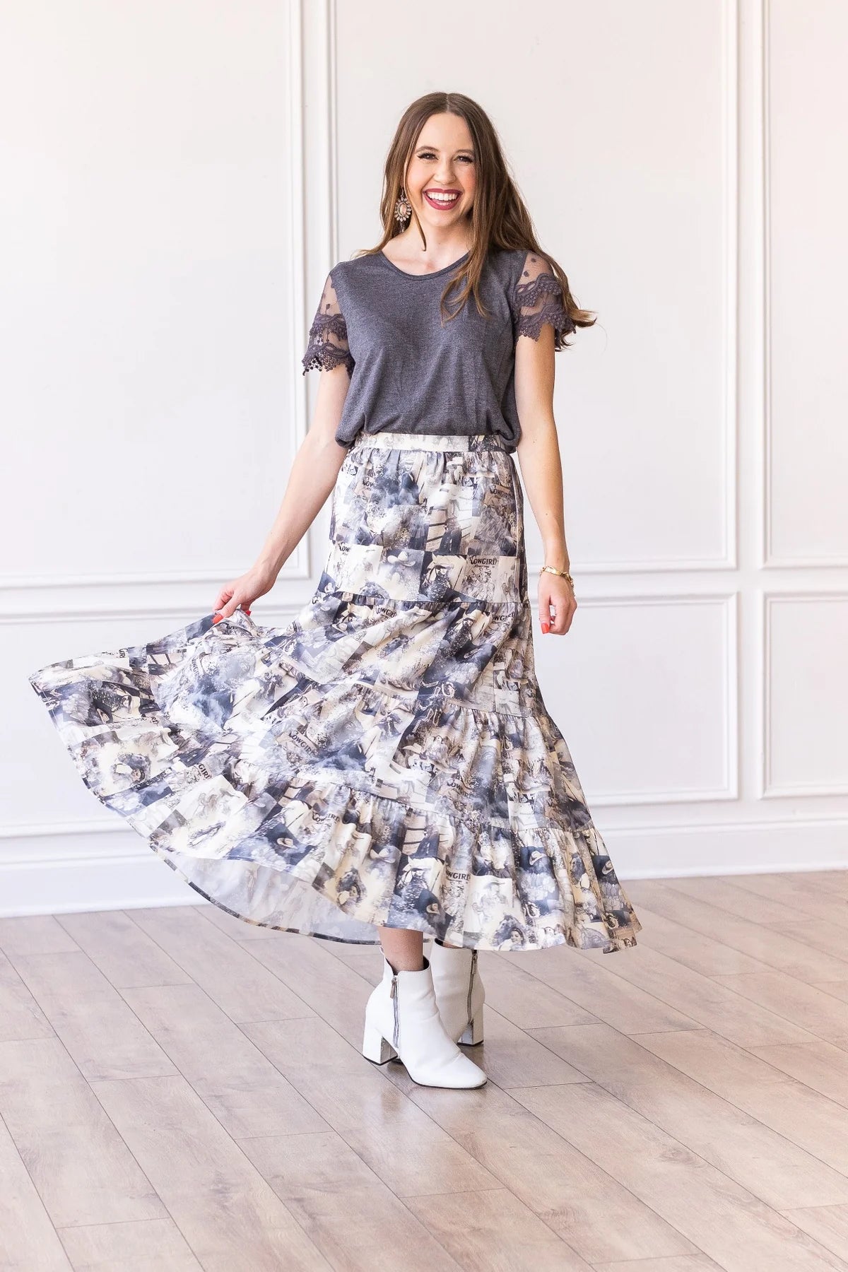 COWGIRL ROMANCE TIERED MAXI SKIRT denim skirt casual