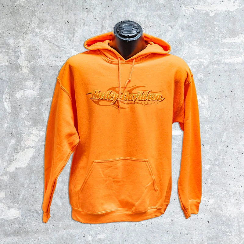 West Bend Harley Davidson- Safety Orange Flame Pull Over Hoodie Hoodie with Ribbed Cuffs Snug Fit Comfort