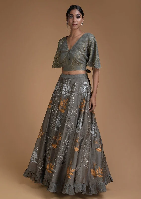 Lehenga In Grey with Crop Top in Foil Printed Leaf Motifs Mesh Blend Leather Blend Suede Blend Lehenga In Grey with Crop Top in Foil Printed Leaf Motifs Mesh Blend Leather Blend Suede Blend