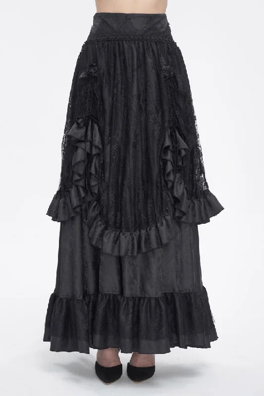 Black Ruffle Lace Drawstring Women's Gothic Skirt chiffon skirt flowing