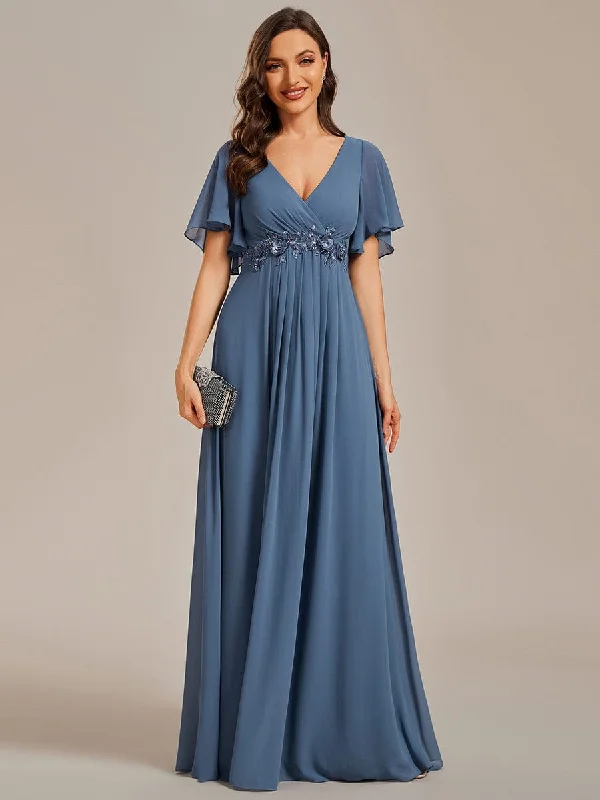 Gentle Iris | Ruffles Sleeve A-Line Chiffon Waist Applique Maxi Wedding Guest Dress Floral Print girly Gentle Iris | Ruffles Sleeve A-Line Chiffon Waist Applique Maxi Wedding Guest Dress Floral Print girly