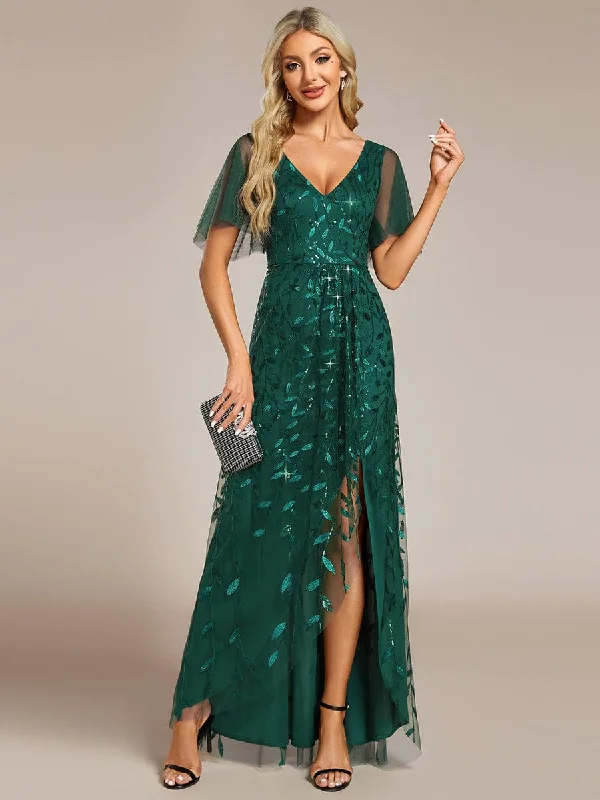 Short Sleeves Sequin High Low V-Neck Midi Formal Wedding Guest Dress Tunics Stylish elegant Short Sleeves Sequin High Low V-Neck Midi Formal Wedding Guest Dress Tunics Stylish elegant