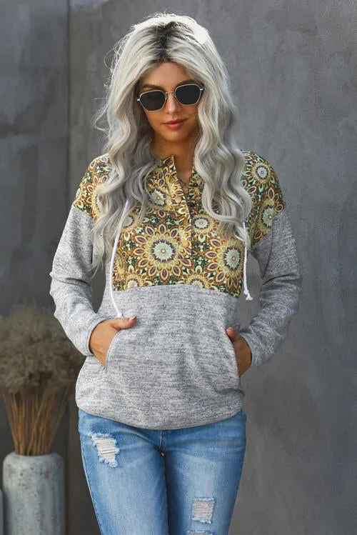 Floral Drawstring Half Snap Hoodie Hoodie with Hem Frayed Vintage Worn
