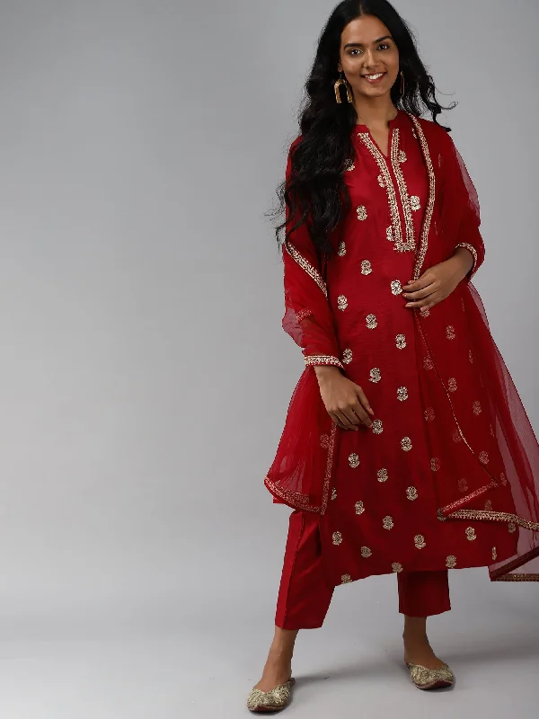 Women's Red Embroidered Straight Kurta Trouser With Dupatta Set - Indo Era Trousers Floral Bohemian Women's Red Embroidered Straight Kurta Trouser With Dupatta Set - Indo Era Trousers Floral Bohemian