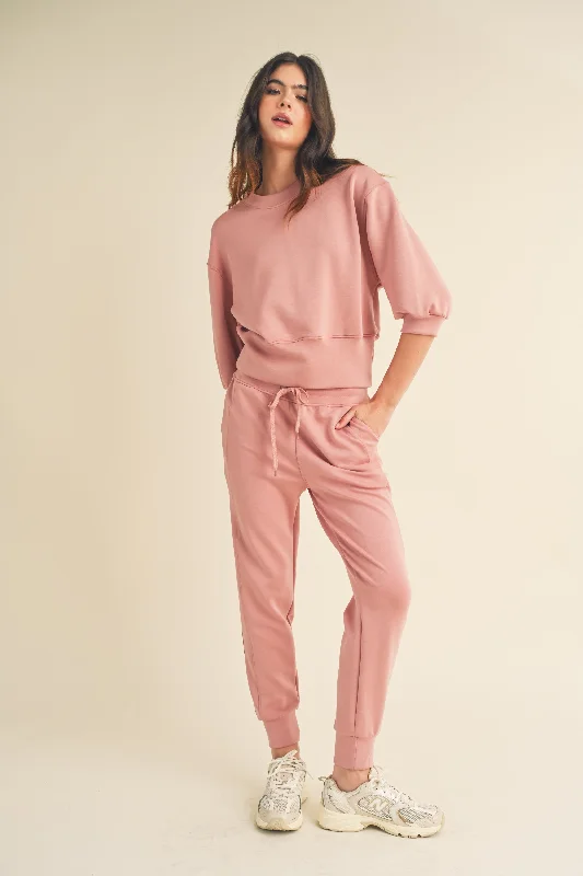 Women's Solid Crop Scuba Sweatshirt and Joggers Set Hoodie with Hem Drawcord Adjustable Customizable