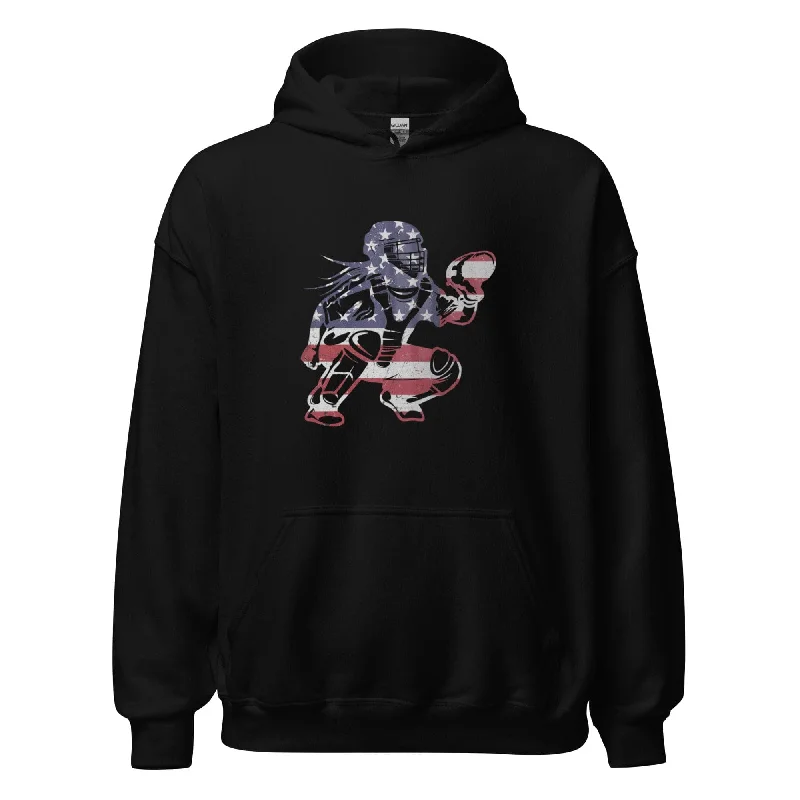 American Flag Softball Catcher - Adult Hoodie Hoodie with Rolled Sleeves Casual Relaxed