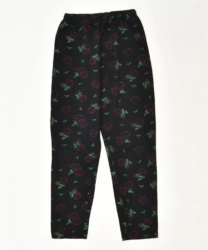 VINTAGE Womens Slim Trousers W24 L28 Black Floral Classic Trousers Gym Athletic