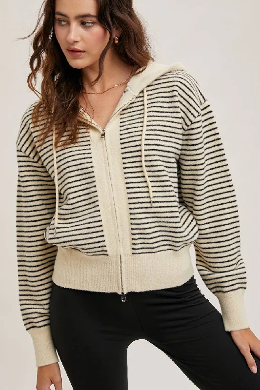 Striped Zip-Front Knit Hoodie Hoodie with Velcro Closure Adjustable Secure