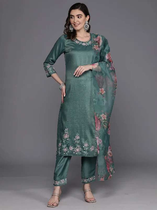 Women's Green Embroidered Straight Kurta Trousers With Dupatta Set - Indo Era Trousers Favorite Customer Women's Green Embroidered Straight Kurta Trousers With Dupatta Set - Indo Era Trousers Favorite Customer