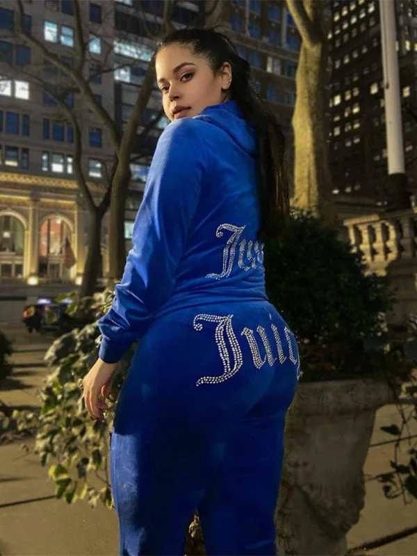Women's casual solid color letter hot diamond sportswear long-sleeved hooded sweatshirt loose trousers two-piece suit Hoodie with Raw Hem Edgy Unfinished