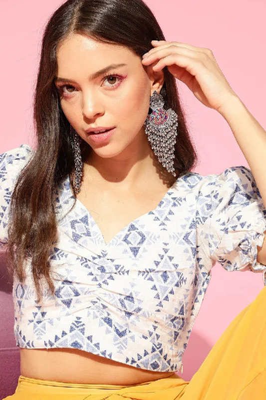 Off White Cotton Ethnic Motifs Crop Top Crop Top Seamless Stretchy