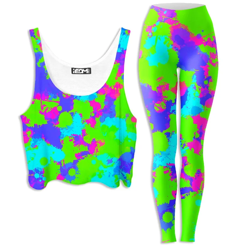 90s Neon Paint Splatter Crop Top and Leggings Combo Zippered Buttoned Snapped
