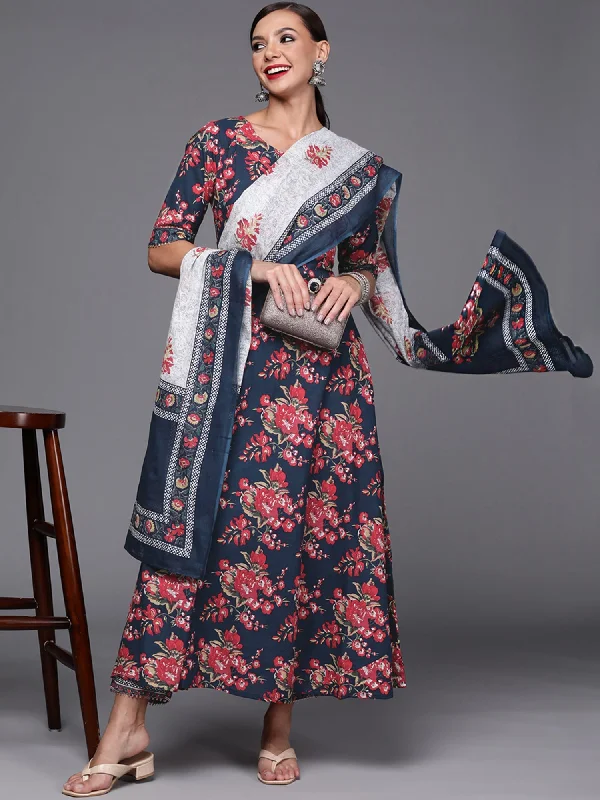Women's Blue Flower Printed A-Line Kurta Trouser With Dupatta Set - Indo Era Trousers Culottes Wide Leg Women's Blue Flower Printed A-Line Kurta Trouser With Dupatta Set - Indo Era Trousers Culottes Wide Leg
