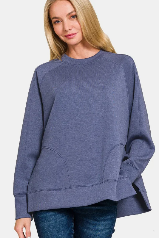 Hazel Blues® |  Zenana Scuba Round Neck Side Slit Sweatshirt Hoodie with Monochrome Minimalist Simple