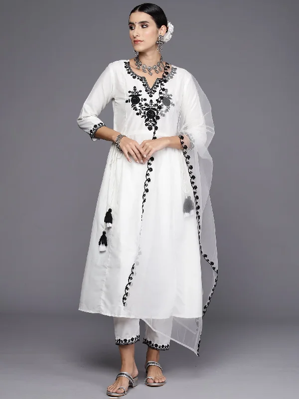 Women's White Embroidered A-Line Kurta Trousers With Dupatta Set - Indo Era Trousers Denim Blue Women's White Embroidered A-Line Kurta Trousers With Dupatta Set - Indo Era Trousers Denim Blue
