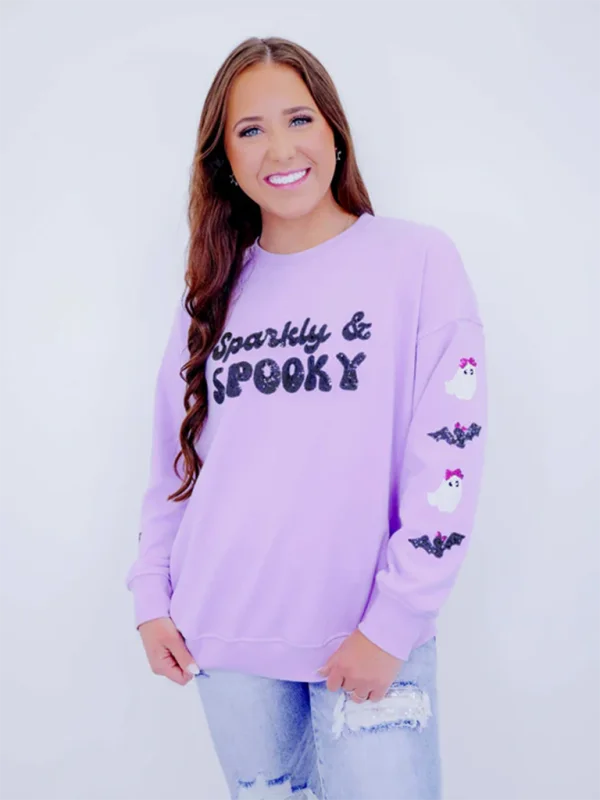 Halloween Skeleton Man Sequin Top Long Sleeve Pullover Sweatshirt Hoodie with Ribbed Neckline Snug Warm