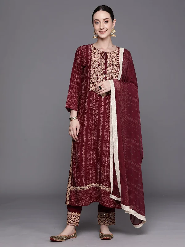 Women's Wine Printed Straight Kurta Trousers With Dupatta Set - Indo Era Trousers Cargo Utility Women's Wine Printed Straight Kurta Trousers With Dupatta Set - Indo Era Trousers Cargo Utility