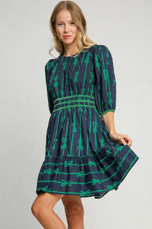 Umgee Ribbon Print Frill Contrast Velvet Trim Half Sleeve Dress Cowl Neckline Elegant Umgee Ribbon Print Frill Contrast Velvet Trim Half Sleeve Dress Cowl Neckline Elegant