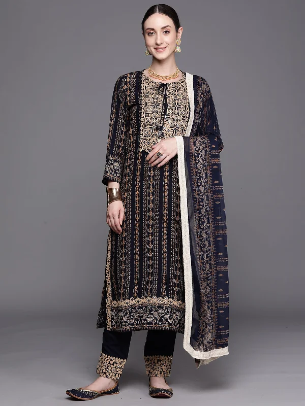 Women's Navy Blue Printed Straight Kurta Trousers With Dupatta Set - Indo Era Trousers Palazzo Wide Leg Women's Navy Blue Printed Straight Kurta Trousers With Dupatta Set - Indo Era Trousers Palazzo Wide Leg