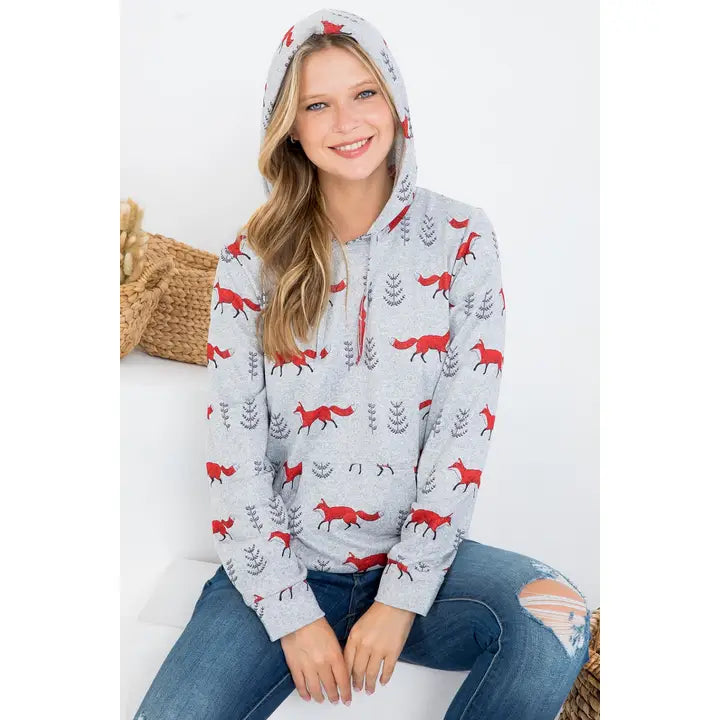 Fox Print Hoodie With Pocket Hoodie with Ribbed Hem Stretchable Secure