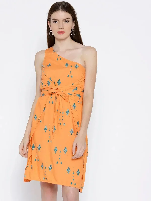 One shoulder overlap cross tie Printed Dress in Peach Tunics Trousers formal
