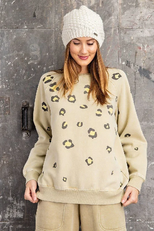 Long Sleeve Leopard Print Washed Terry Sweatshirt Hoodie with Ribbed Hem Stretchable Secure Long Sleeve Leopard Print Washed Terry Sweatshirt Hoodie with Ribbed Hem Stretchable Secure