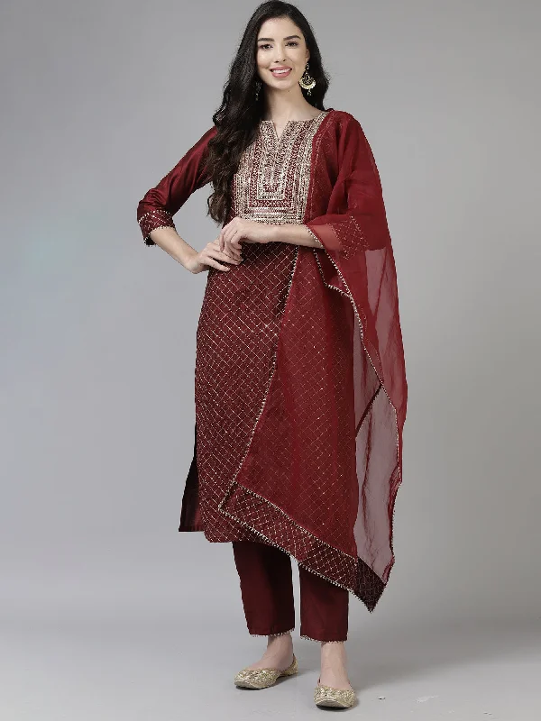 Women's Maroon Embroidered Straight Kurta Trouser With Dupatta Set - Indo Era Trousers Plaid Checkered Women's Maroon Embroidered Straight Kurta Trouser With Dupatta Set - Indo Era Trousers Plaid Checkered