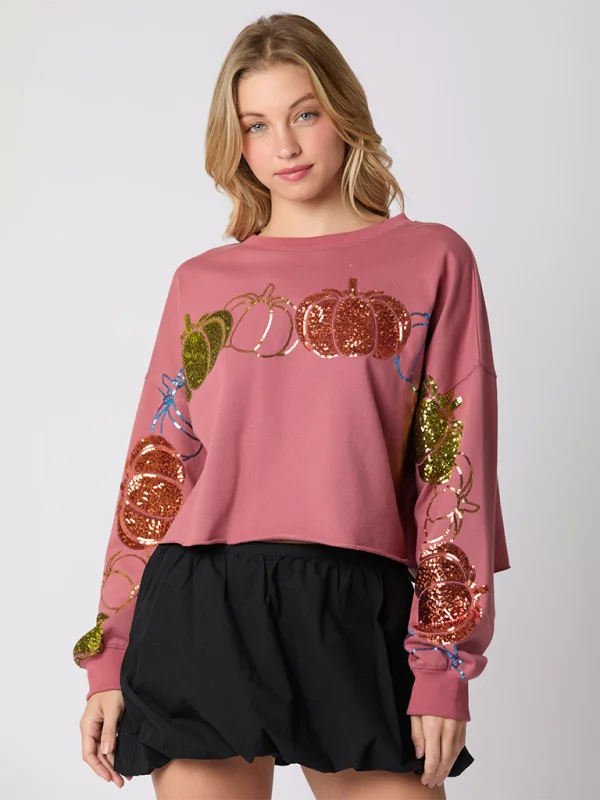 Halloween Pumpkin Sequin Top Long Sleeve Pullover Sweatshirt Hoodie with Set-In Sleeves Structured Classic