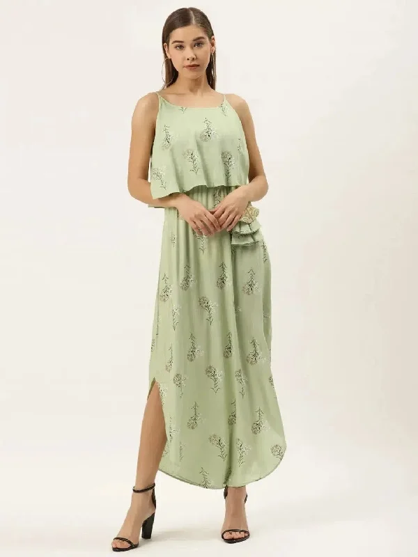 Printed Flare yoke with U hem long dress in pista green color Tunics Seasonal trendy
