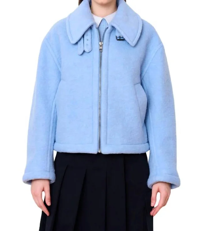 Cropped Aviator Jacket In Sky Blue Welt Pockets Slit Pockets Flap Pockets