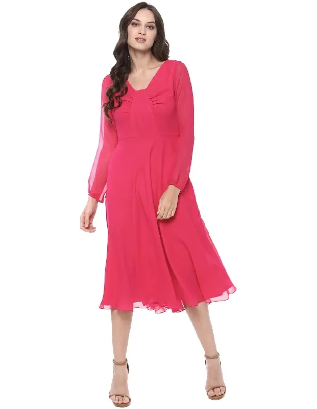 Front Gathered Midi Skater Dress in Pink Tunics Velvet soft