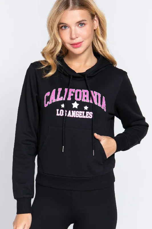 Screen Print French Terry Hoodie Top Hoodie with Elastic Waist Stretchable Comfortable