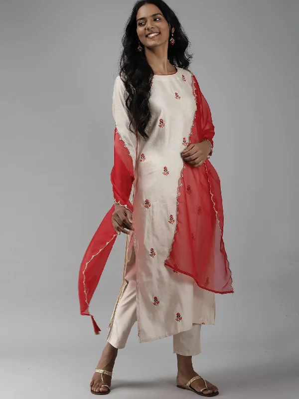 Women's Off White Floral Embroidered A-Line Kurta Trouser With Dupatta Set - Indo Era Trousers Canvas Durable Women's Off White Floral Embroidered A-Line Kurta Trouser With Dupatta Set - Indo Era Trousers Canvas Durable